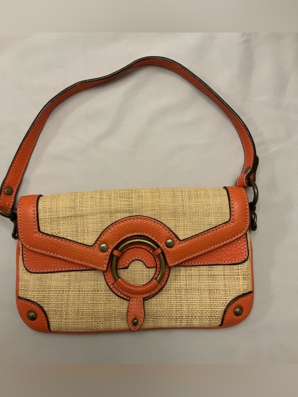 J Crew Woven Straw Crossbody Shoulder Bag with Orange Trim